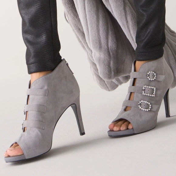 White House Black Market Open Toe Suede Gray Gem Buckle Booties size 6.5M - Picture 1 of 8